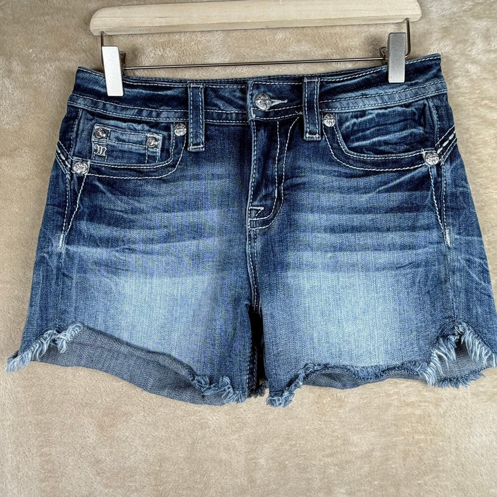 Miss Me Curvy Short Embroidered Denim Shorts Dark Wash Rhinestone Y2K Cowgirl 27